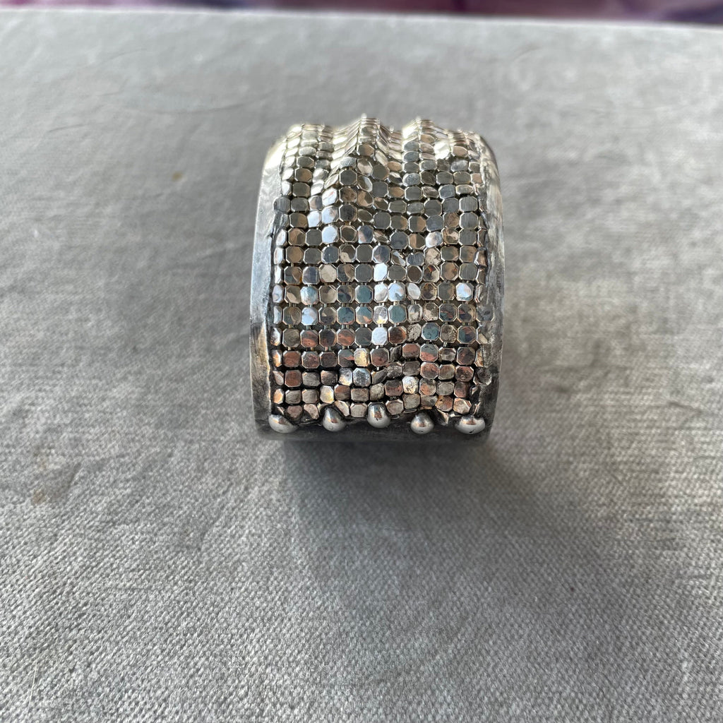 large brass cuff with gold plated brass mesh