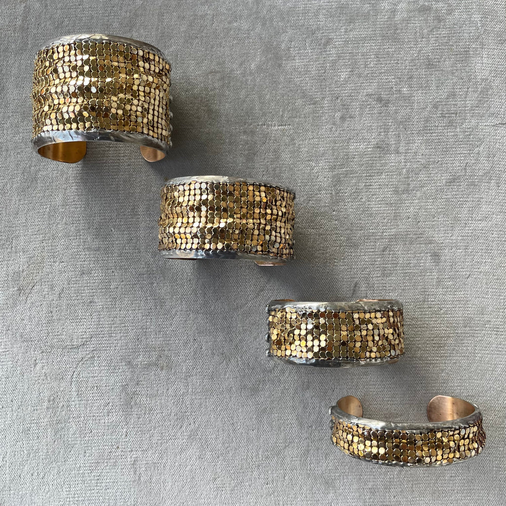 large brass cuff with gold plated brass mesh 1