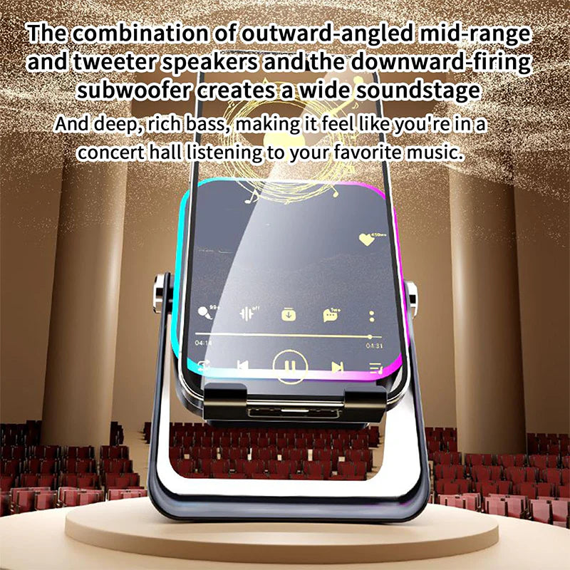 Alto-falante Bluetooth sem fio 5 em 1 com carregamento indutivo e suporte ajustável para telefone 