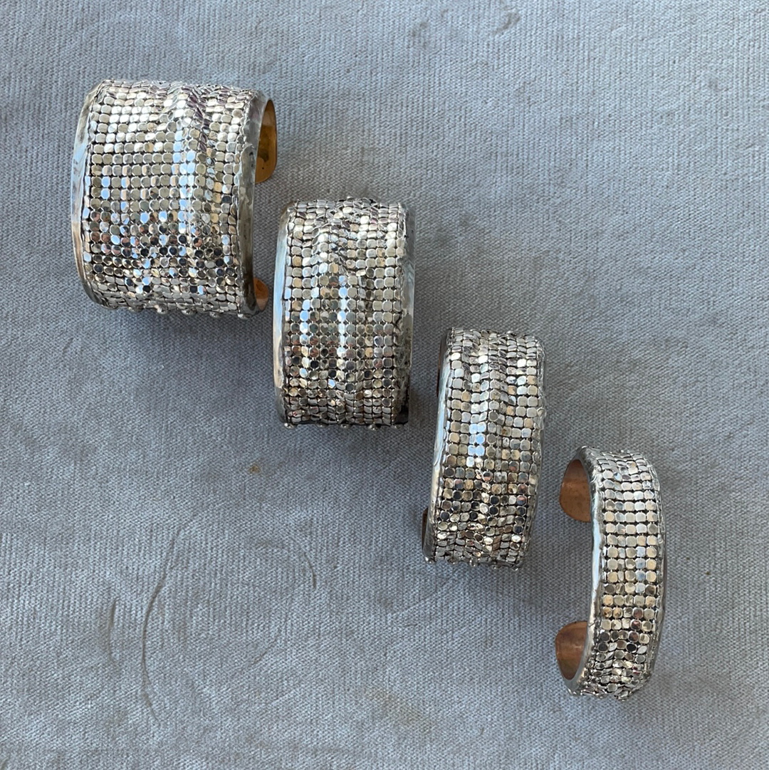 large brass cuff with gold plated brass mesh