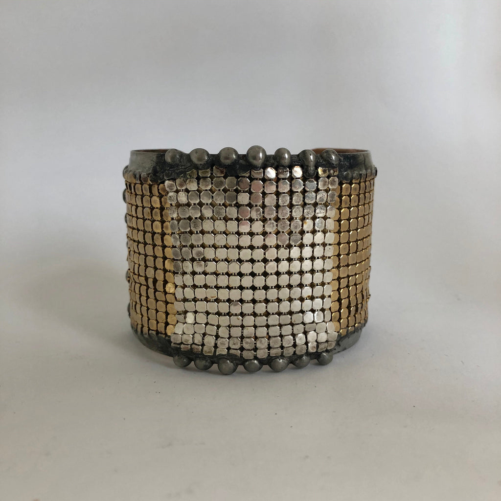 brass cuff with silver and gold plated mesh