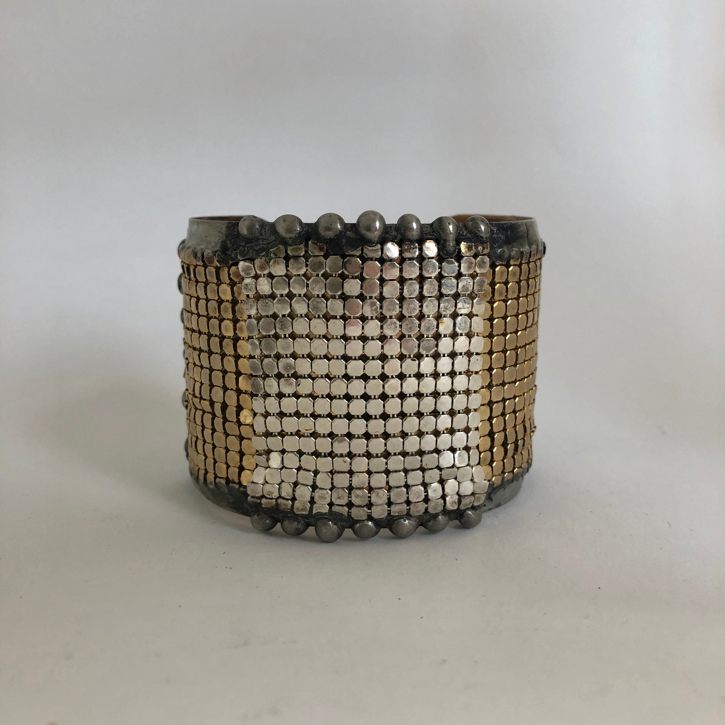 brass cuff with silver and gold plated mesh