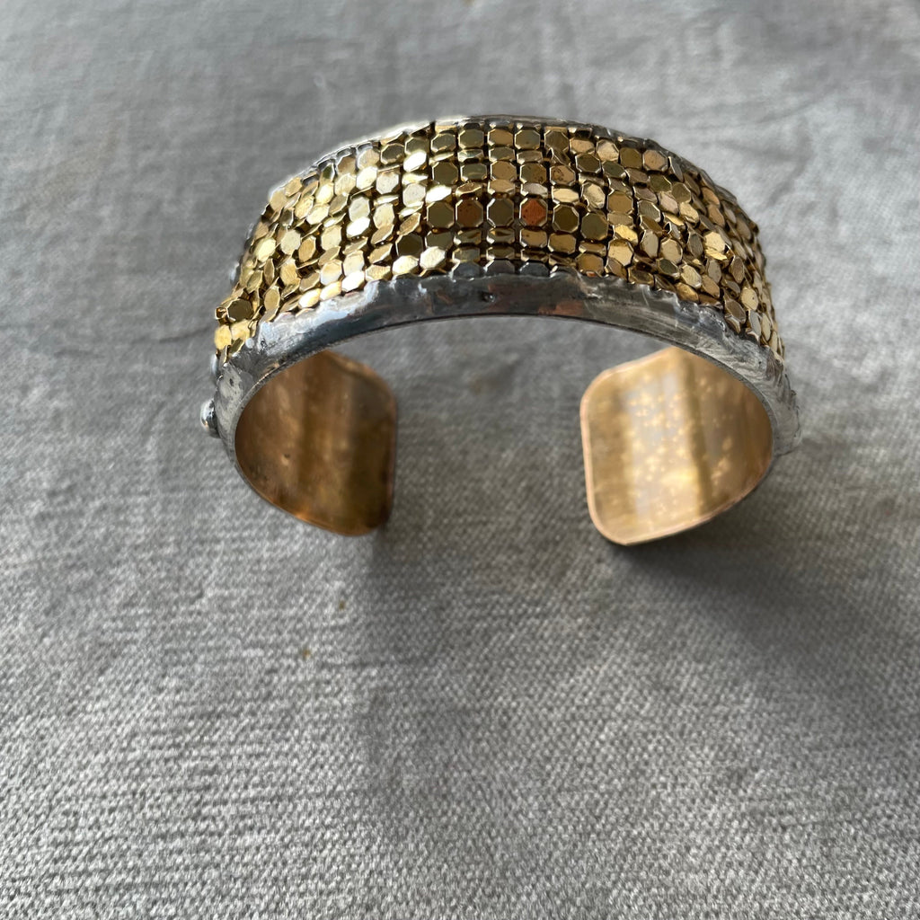 large brass cuff with gold plated brass mesh 1