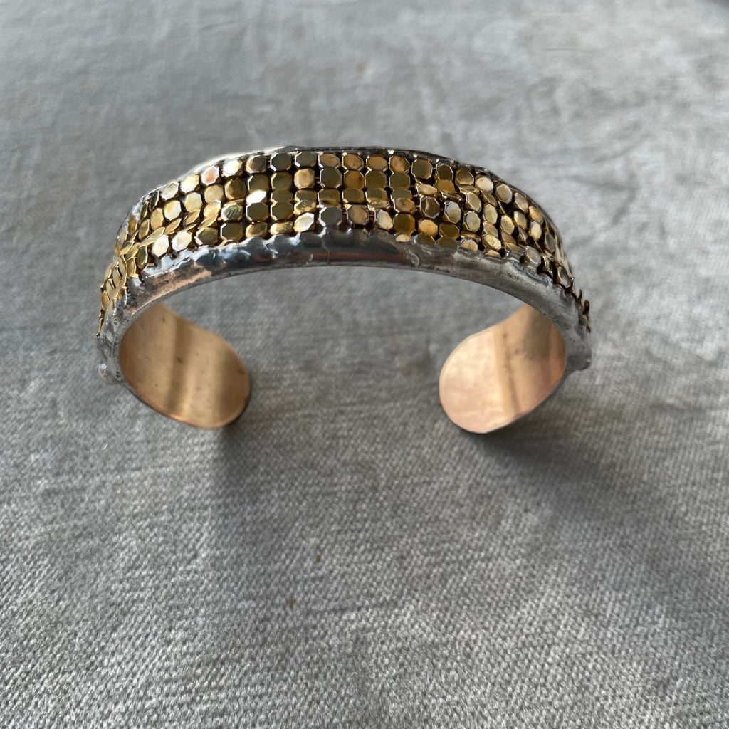 large brass cuff with gold plated brass mesh 1