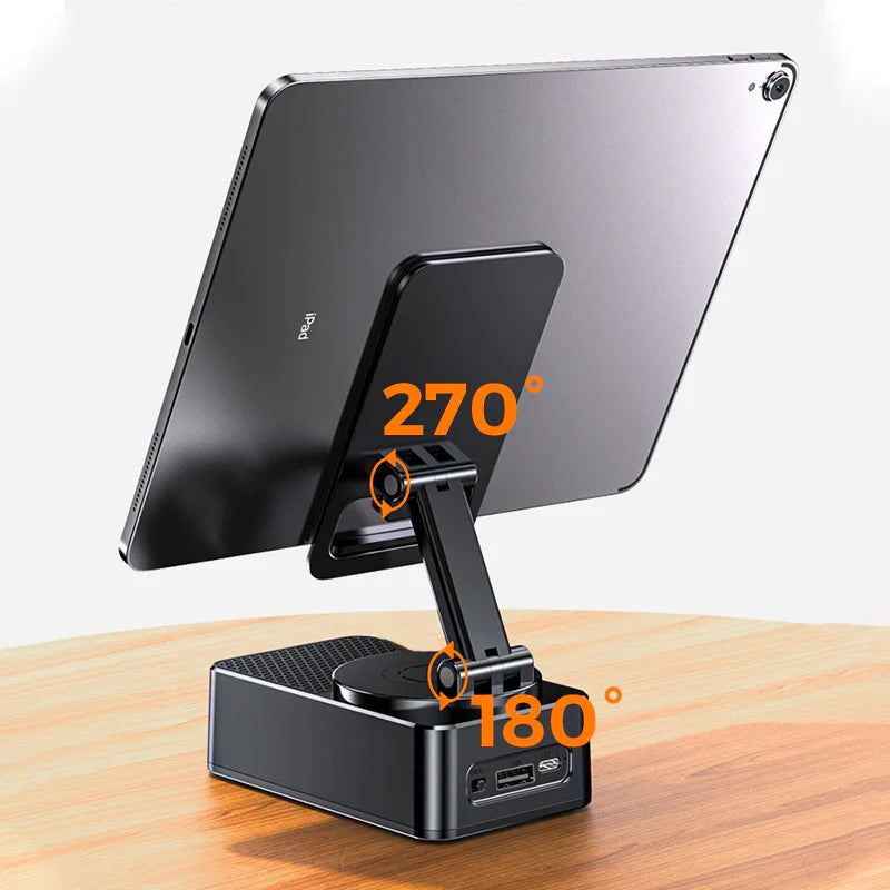 Suporte para celular 3 em 1 com alto-falante Bluetooth e carregador portátil.